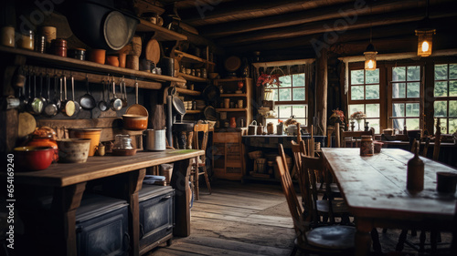 Rustic Charm: Old Wood Kitchen in Log Cabin © nimnull