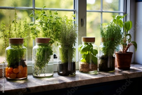 An array of vibrant herbs flourishing in water-filled glass bottles, forming a stunning kitchen windowsill garden. Generative AI