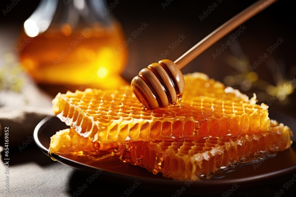 Honey, Close up product of honey and bee. Honey, Close up product of honey and bee.