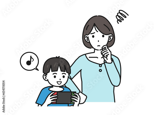 息子がゲームをやめずに困る母親のイラスト