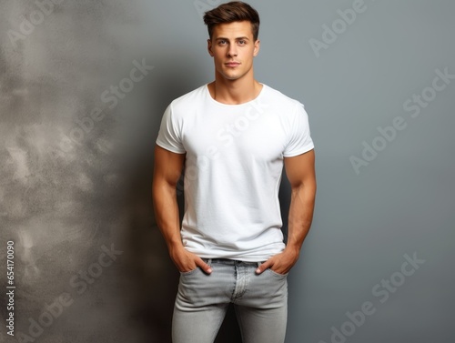 Handsome Fictional White Male Model in Casual Clothes Posing on a Plain Neutral Background. Attractuve Muscular and Confident Person Portrait. Generative AI. photo