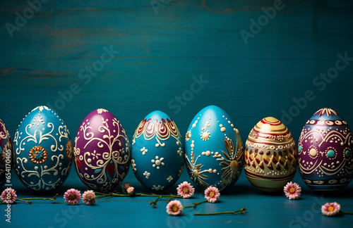 beautiful blue and gold with a pattern Easter eggs on a blue background on a wooden surface
