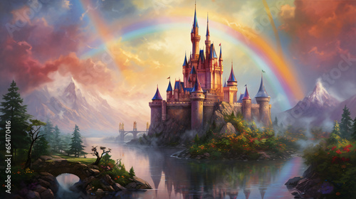 A painting of a castle with a rainbow in the background