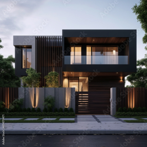 Design a contemporary two-story house exterior with a striking light-colored main gate and light-colored wall paint. Incorporate a spacious balcony with concealed lighting for a modern and elegant loo © MT-Gallery 