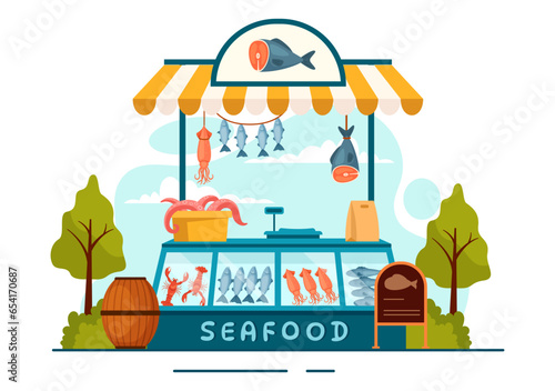 Seafood Market Stall Vector Illustration with Fresh Fish Products such as Octopus, Clams, Shrimp and Lobster in Flat Cartoon Background Design