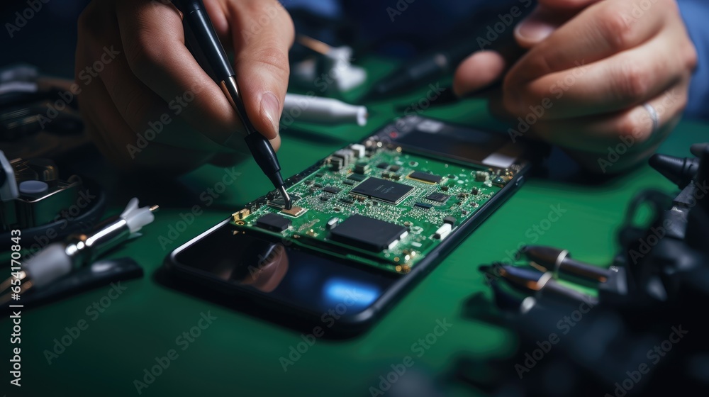 Close-up of a mobile phone repairman using a soldering iron. Integrated circuit. Close-up of a mobile phone repairman using a soldering iron. Integrated circuit.