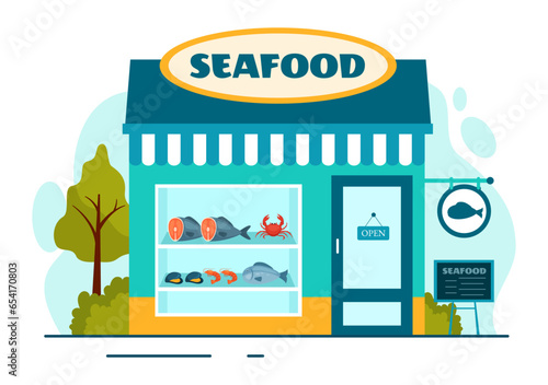 Seafood Market Stall Vector Illustration with Fresh Fish Products such as Octopus, Clams, Shrimp and Lobster in Flat Cartoon Background Design