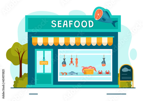 Seafood Market Stall Vector Illustration with Fresh Fish Products such as Octopus, Clams, Shrimp and Lobster in Flat Cartoon Background Design