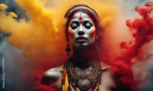 Fashion and beauty concept photography of woman living among smoke color textures