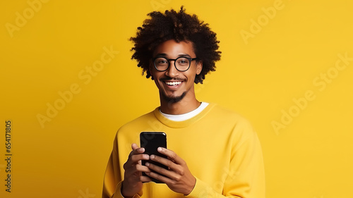 happy attractive african american man holding mobile phone, smiling at camera on yellow background. guy uses a smartphone. Mobile application advertising. AI