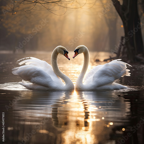 Graceful Swan Pair Swimming on Glassy Lake