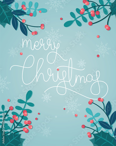 Merry Christmas sign with festive ornaments. Holiday vector illustration. 