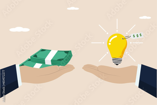 Funding startup idea, fundraising to start a business, investors giving venture capital for financial support, budget concept, businessman hand giving dollar bills for light bulb business idea.