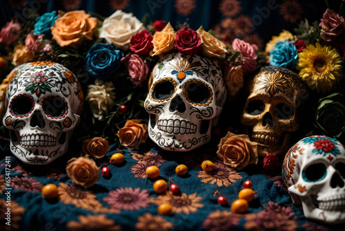 Day of the Dead Día de Muertos Wallpaper, Skull and Colourful Flower on the table © Johan Wahyudi