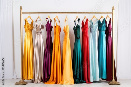 colorful evening gowns hanging on a gold rack against a white background