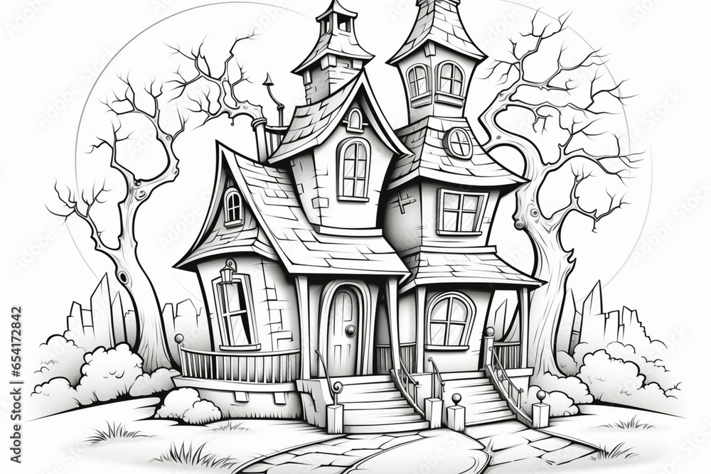 Spooky haunted house for Halloween coloring. Generative AI