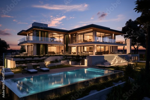 Contemporary mansion at dusk radiates opulence and elegance. Generative AI © Bellamy