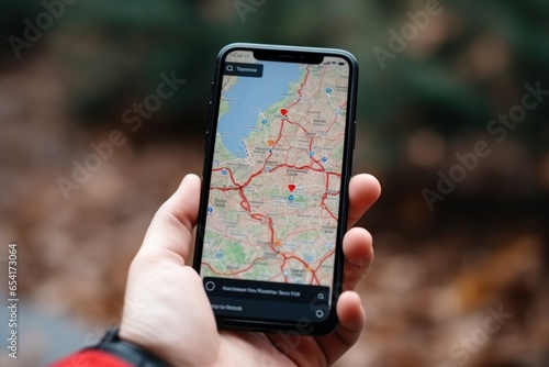 Online map navigator application on smartphone interface.