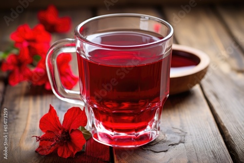 a bright red hibiscus tea in a clear cup on a wooden table