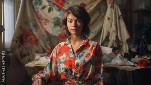 Indoor portrait of a young fashion and clothing designer in her studio wearing a shirt with a flower pattern and standing in front of cloth from the same material. A seamstress with short brown hair.