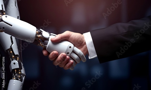 Robot and businessman in handshake. Concept of human robot relationships. AI generated image, Generative AI