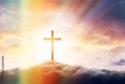 gold sunrise sky, cross jesus hope, rainbow background, golden god cross wallpaper poster design, religion faith, Generative AI