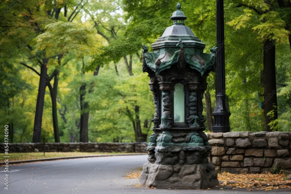 an old-fashioned lantern on a stone pillar at a park entrance