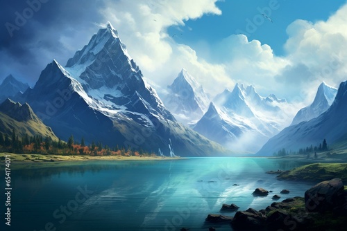 Peaceful mountainscape with a pristine lake and imposing summits. Generative AI photo