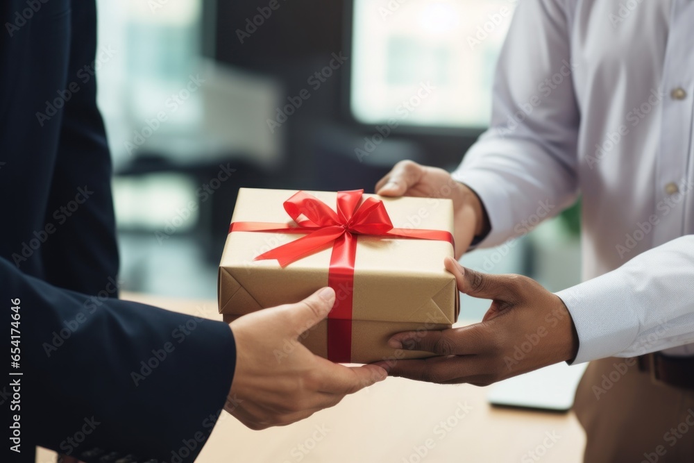 Close up view of hands Giving a business gift in an office. - obrazy, fototapety, plakaty 