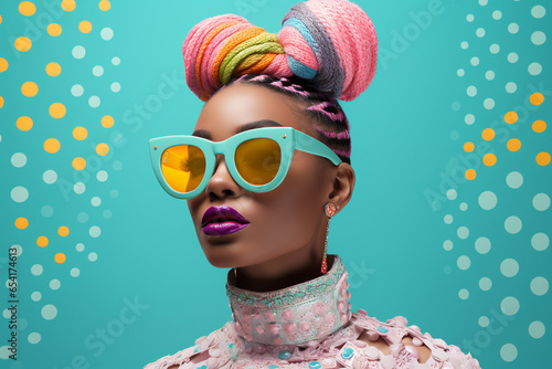 black woman portrait with colorful pastel braids and sunglasses on a graphic retro futuristic background