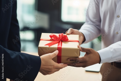 Close up view of hands Giving a business gift in an office. photo