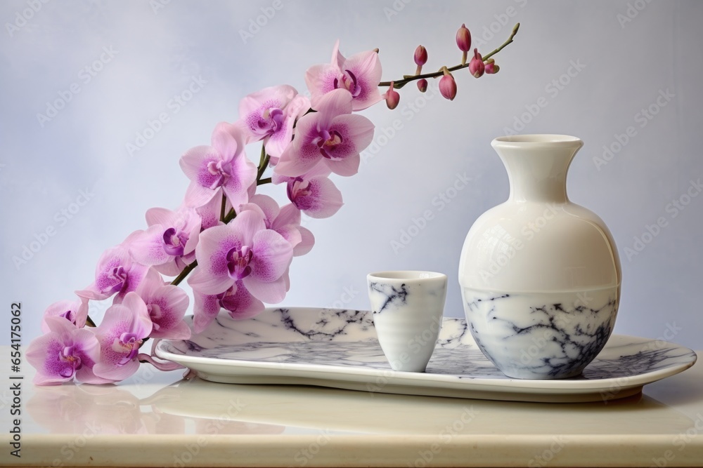 orchid and soap on a white porcelain tray, with a mirror background orchid and soap on a white porcelain tray, with a mirror background