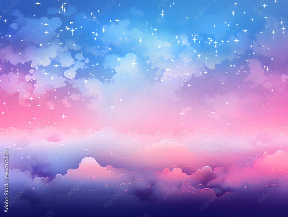 Pink and blue star sky clouds background with shiny lights.