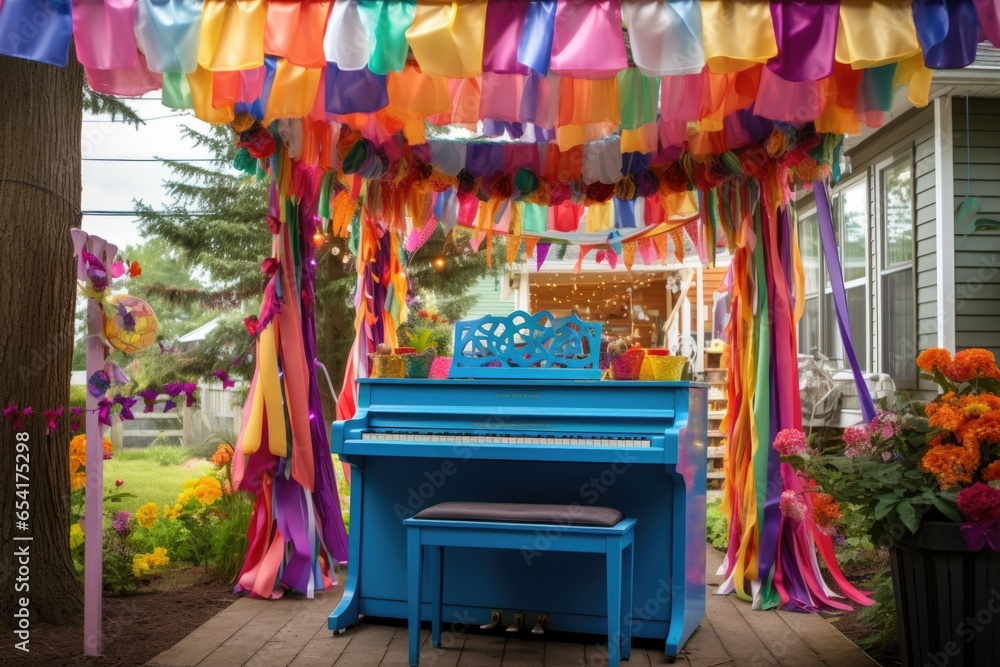 a piano under a gazebo, surrounded by brightly colored party decorations
