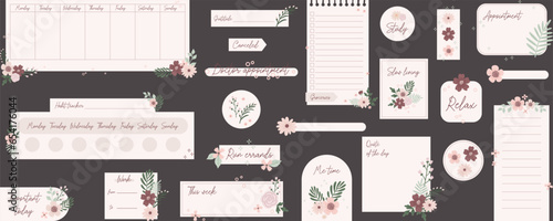 Ready to use digital stickers. Digital note papers and stickers for bullet journaling or planning. Floral stickers. Vector art.