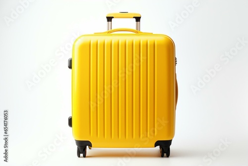 A yellow travel suitcase against a white background. Generative AI