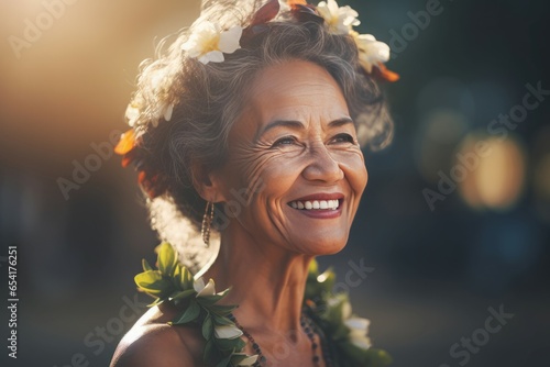 Fotografia, Obraz Hawaii smiling woman. Flower dancer. Generate Ai