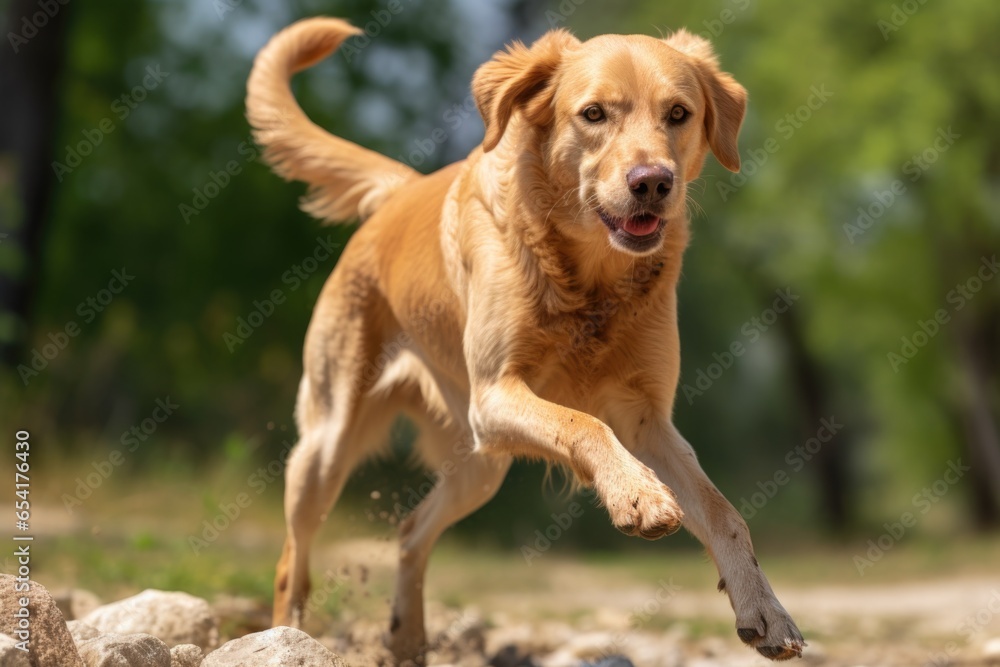 dog limping, with focus on the hind leg