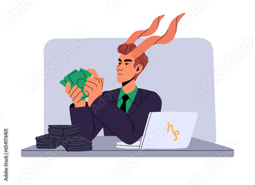 Capricorn astrology zodiac sign concept. Rich man count money, hold wealth. Success in business, wealthy businessman with horns. Astrological horoscope flat isolated vector illustration on white