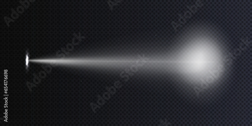 Flashlight beam directed on the wall realistic vector illustration isolated on dark transparent background. Light spot in the dark glowing torch.