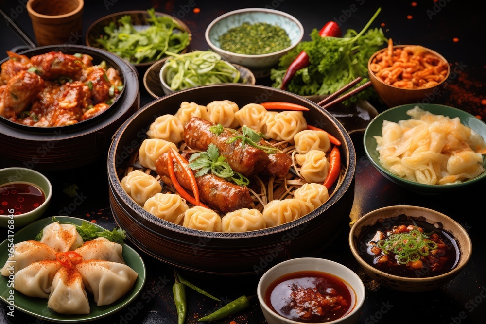 Assortment of Chinese cuisine. Chinese noodles, fried rice, dumplings, Peking duck, dim sum, spring rolls. Famous dishes from Chinese cuisine