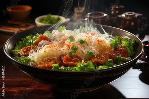"Delicious steaming noodles in a bowl on a wooden background. Asian cuisine