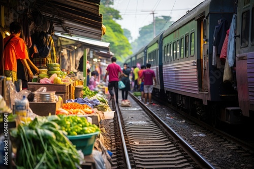 Train on tracks moving slowly through a fresh produce market on the railroad tracks, Mae Klong train station