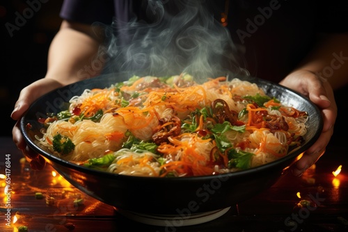 "Delicious steaming noodles in a bowl on a wooden background. Asian cuisine