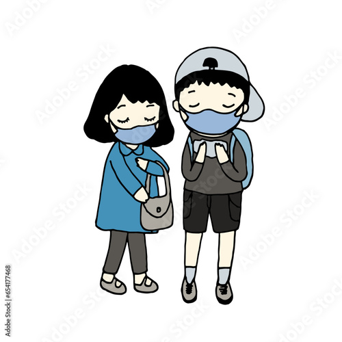 boy and girl wear mask, hand drawn style vector illustration