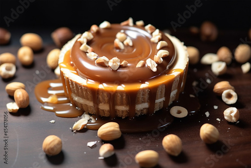 Chocolate tartlet with cream filling and salted caram photo