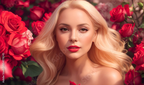 beautiful woman with blond hair poses surrounded with red and pink roses, generative ai