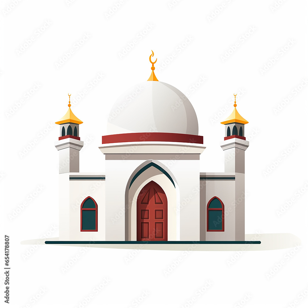 Cartoon mockup of a small mosque with a simple design on a white background 