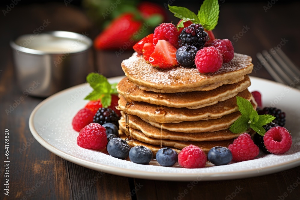 whole grain pancakes topped with fresh berries whole grain pancakes topped with fresh berries