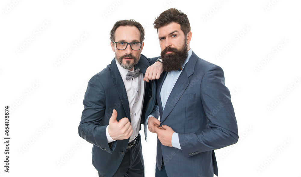They radiate confidence. Business people concept. Men bearded wear formal suits. Well groomed business men. Partnership teamwork. Men successful entrepreneurs white background. Business team They radiate confidence. Business people concept. Men bearded wear formal suits. Well groomed business men. Partnership teamwork. Men successful entrepreneurs white background. Business team